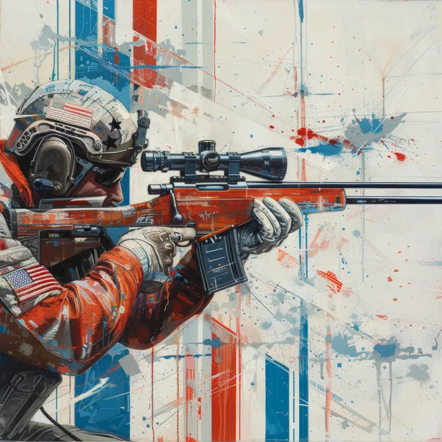 Patriotic rifle shooter firing from prone position at a target, red white blue splatter backdrop