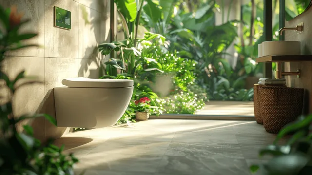 Wall-mounted smart toilet with touch panel in a sunlit bathroom with beige tiles and a potted plant.