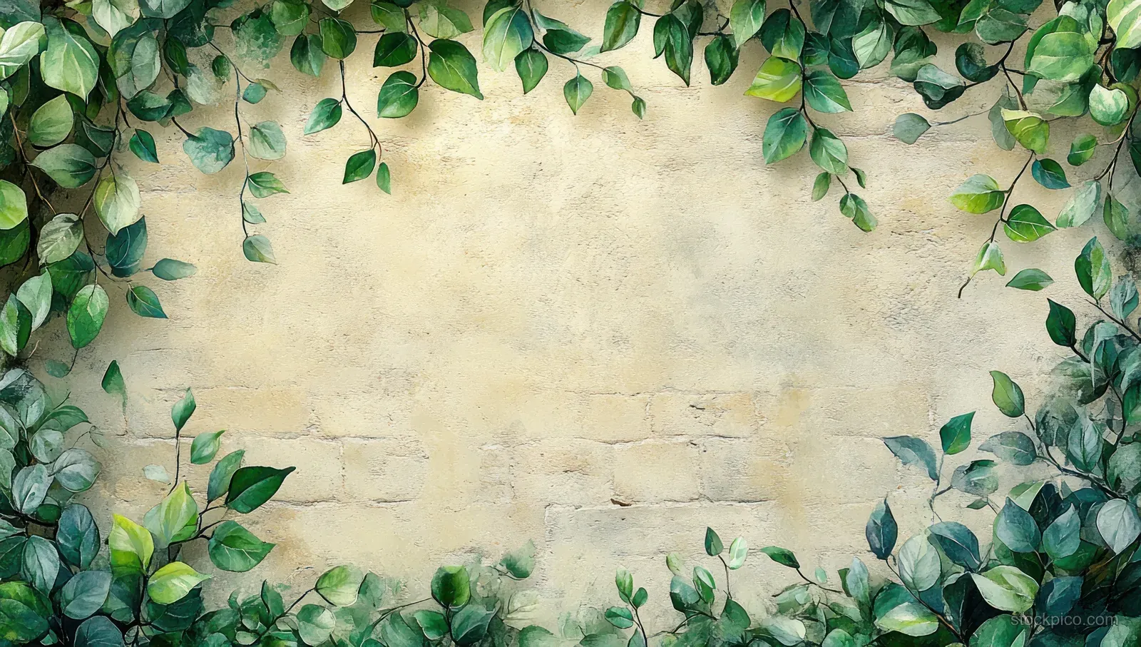 Green watercolor leaves surround a beige brick wall background with a soft faded center texture.