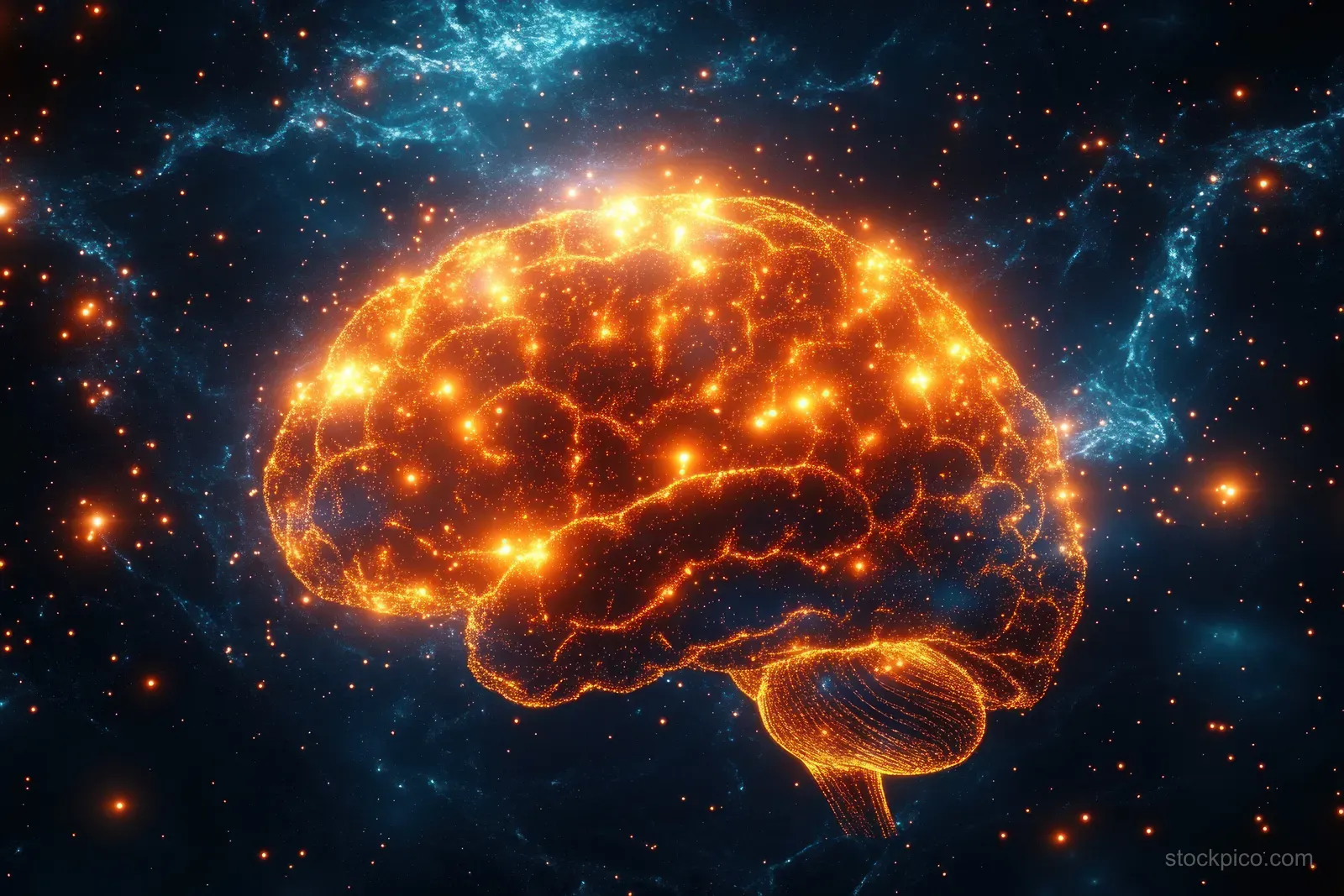 An orange node-and-line digital brain glows in space with blue nebula clouds and drifting sparks.