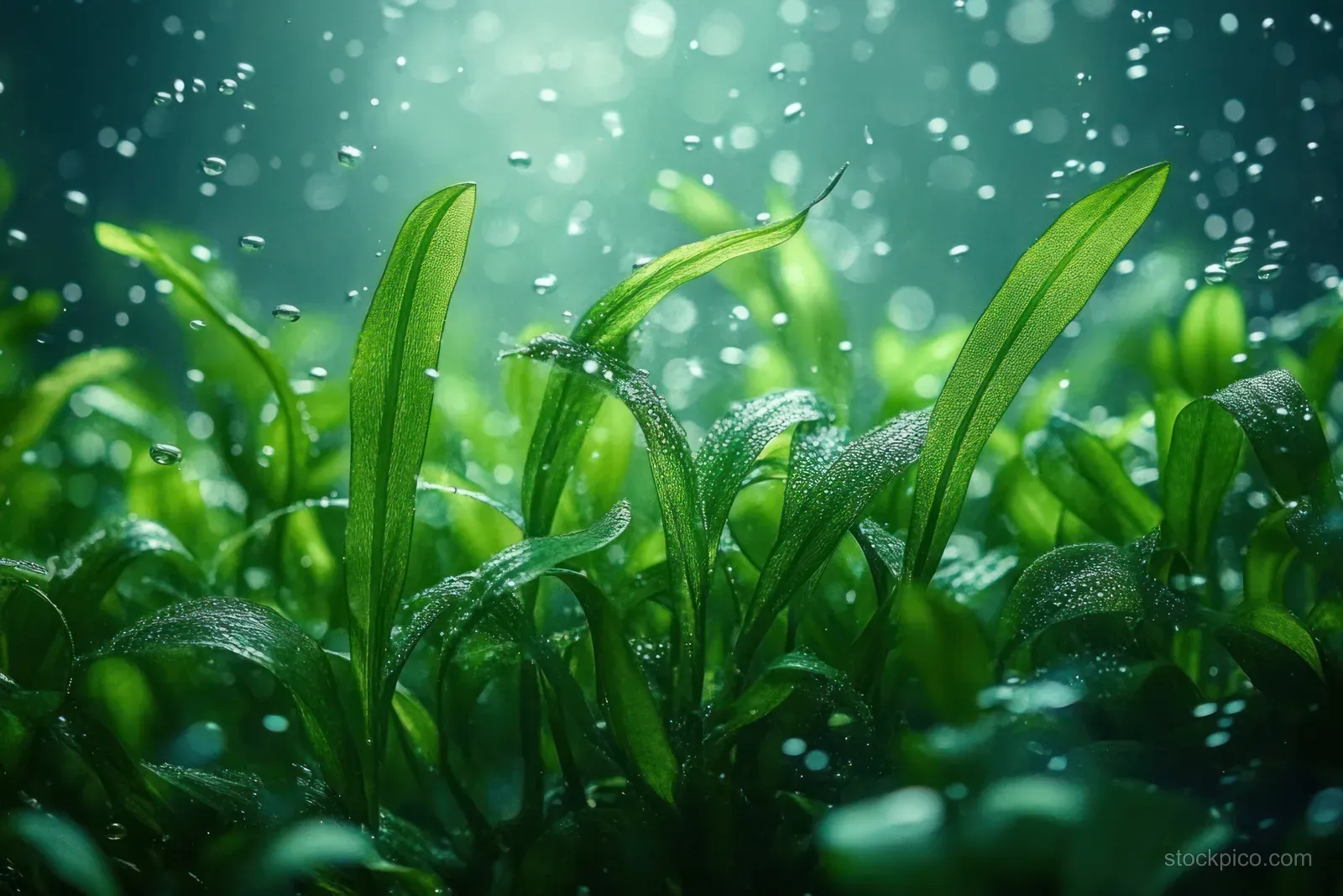 Dew-covered green grass blades sparkle with water droplets in soft morning light.
