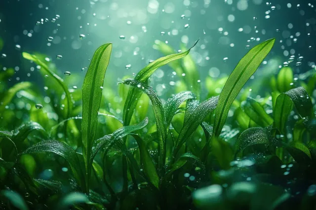 Dewy green grass blades shimmering in soft morning light, close-up macro texture