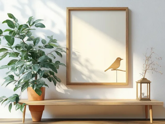 Wooden picture frame on a neutral wall with a bird sculpture, potted plant, and sunlight shadows on a shelf.