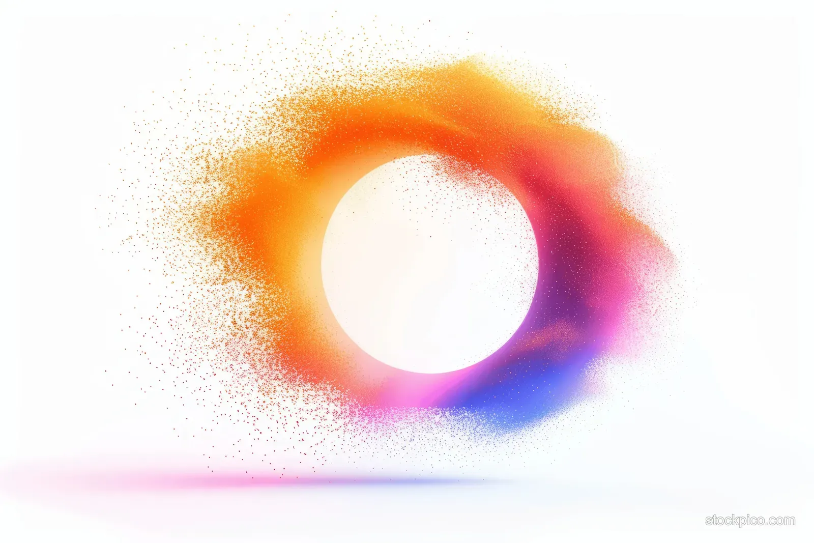 Pastel orange glowing dust creates a circular halo around a white center with purple and pink neon edges.