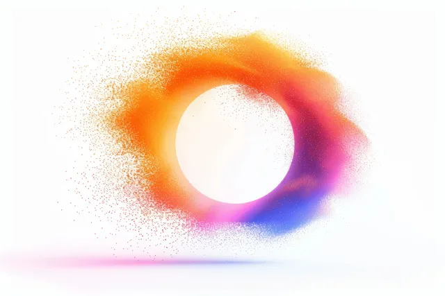 Pastel orange glowing dust forms a circular halo with purple pink neon edges on white
