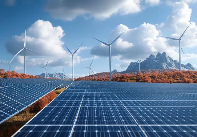 Solar panels in the foreground with wind turbines behind autumn trees and mountains under partly cloudy skies.