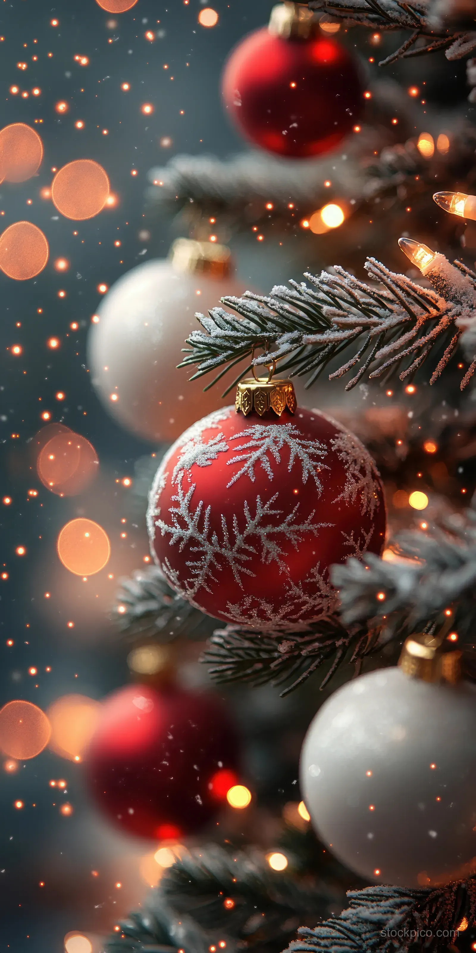 Snow-covered Christmas tree branches with red and white ornaments and glowing warm lights in soft bokeh.