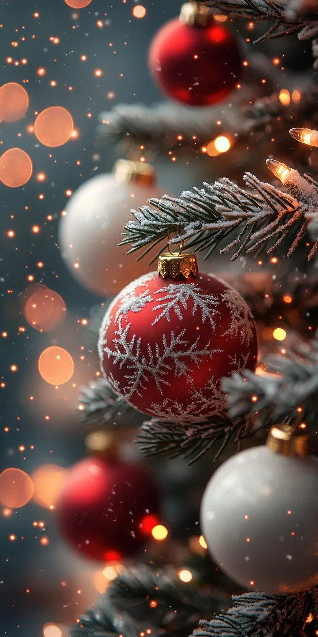 Snowy Christmas tree close-up with red ornaments and glowing lights in soft bokeh with Shallow Depth Of Field