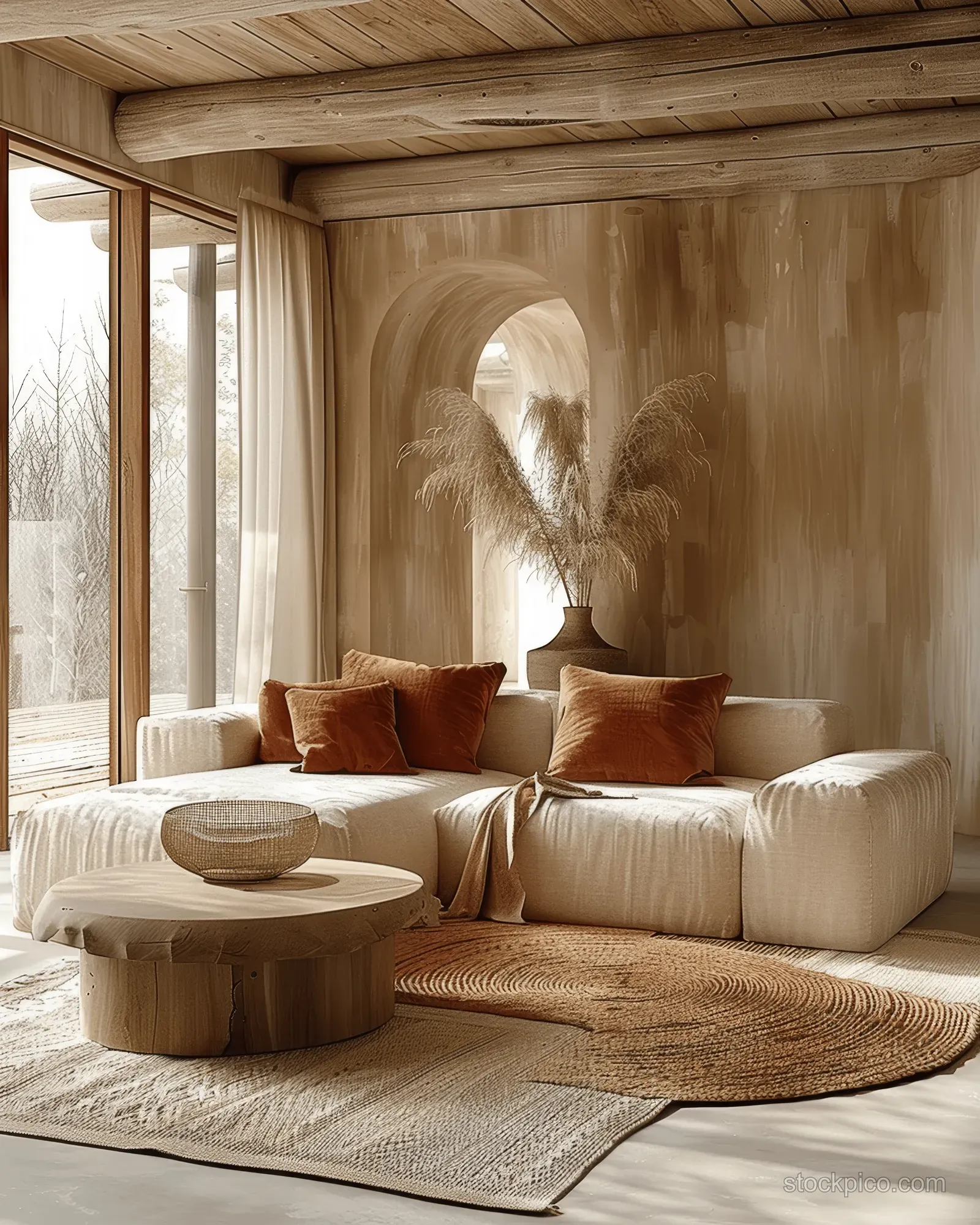 Minimalist living room with cream sofa, round coffee table, pampas grass vase, and warm wood ceiling under natural light.