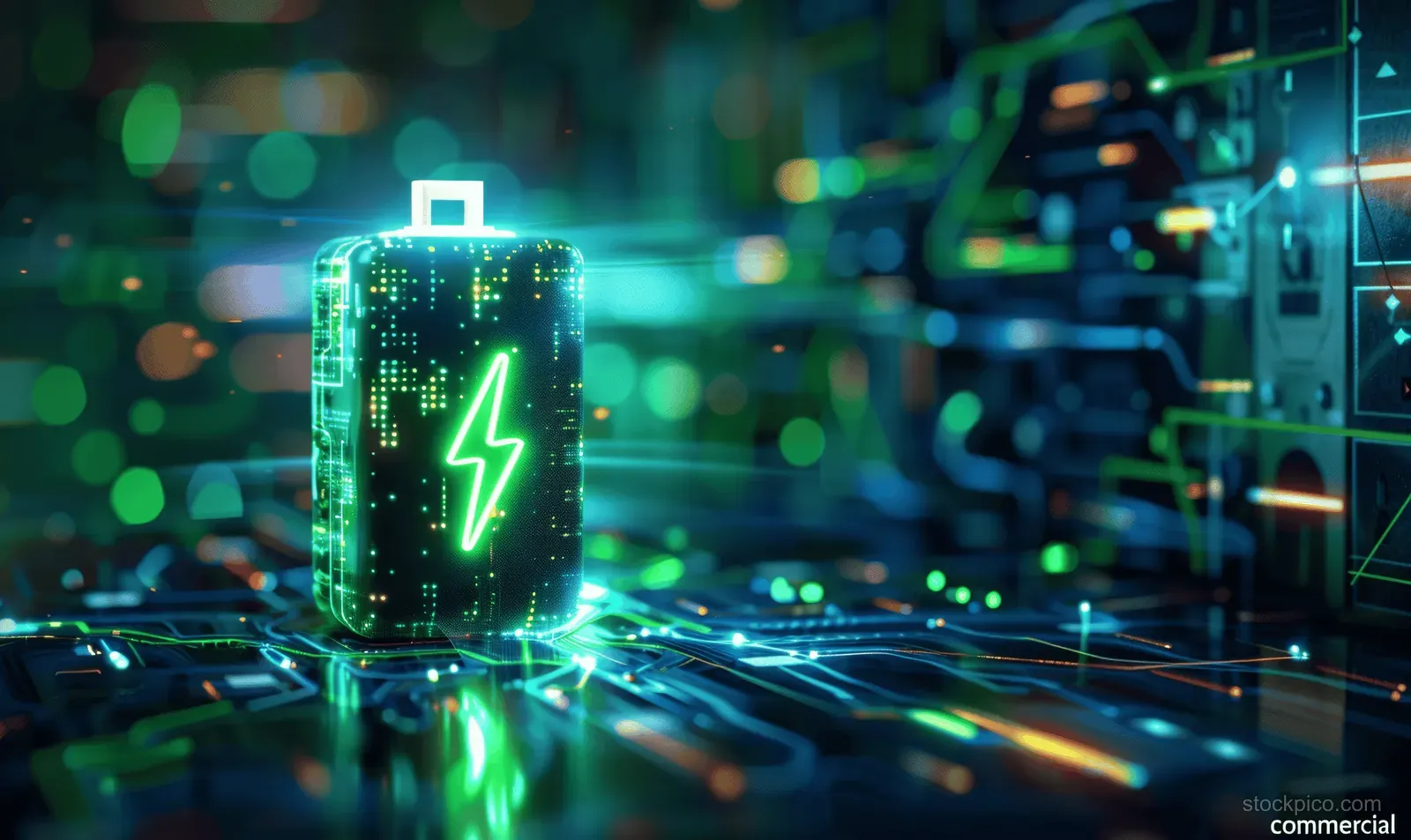 Green glowing battery cube with a lightning bolt on a neon digital circuit board and energy sparks.