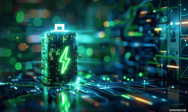 Glowing green battery icon on neon digital circuit board with lightning energy pulses