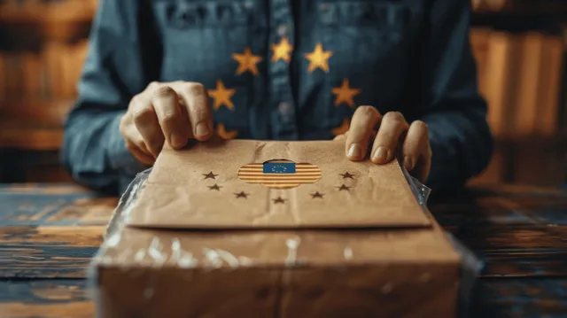 Hands insert an envelope with EU flag sticker into a transparent voting box while EU stars appear behind.