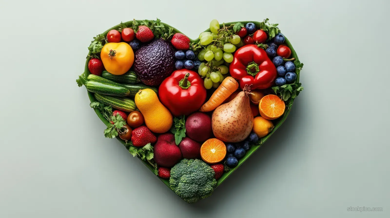 A heart-shaped bowl filled with colorful fresh fruits and vegetables on a neutral background.