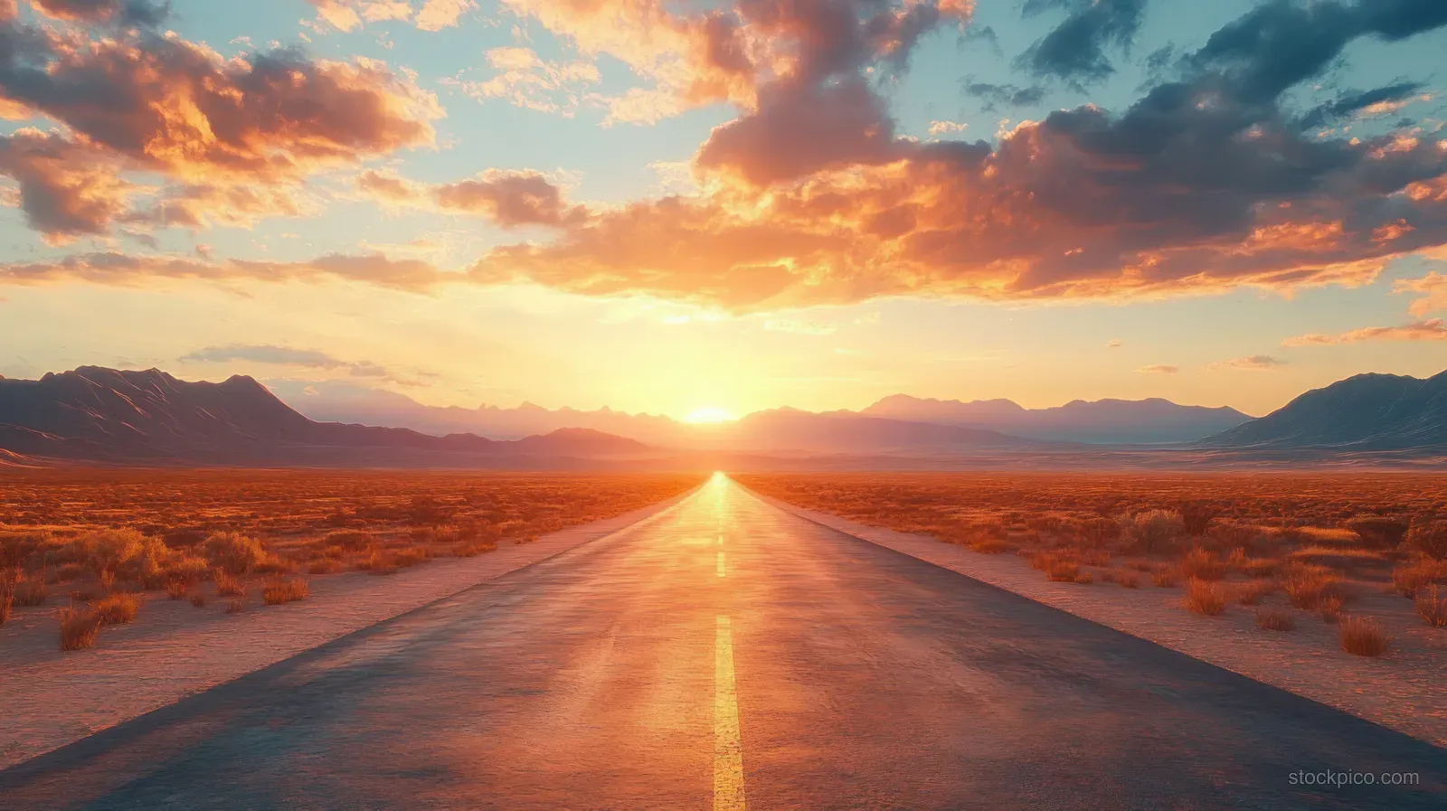 An empty desert road leads toward mountains beneath a glowing sunset sky with colorful clouds.