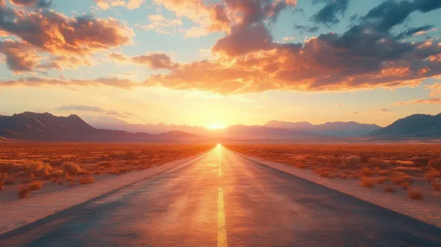 An empty desert road leads toward mountains beneath a glowing sunset sky with colorful clouds.