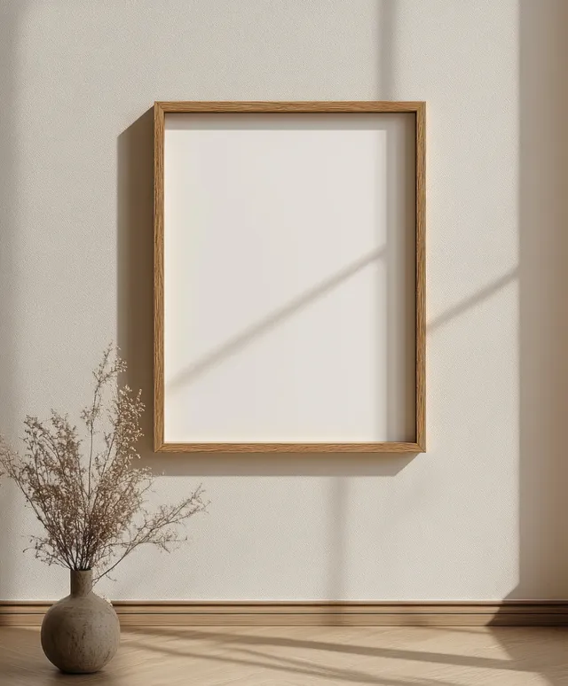 A wooden framed blank canvas hangs on a neutral wall with soft sunlit shadows and a small vase on the floor.