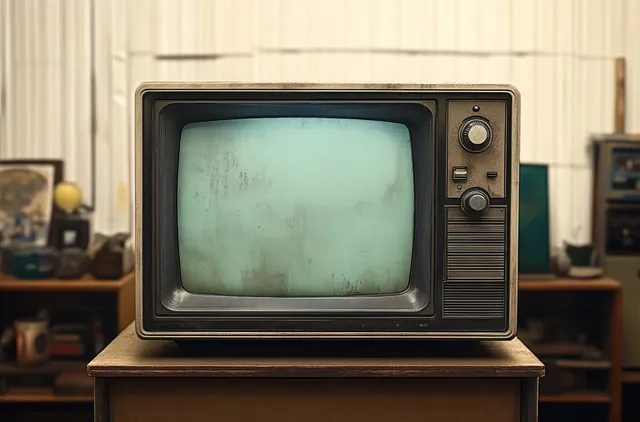 A vintage television with a faded screen rests on a wooden table in a cluttered indoor room.