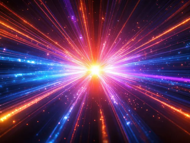 Colorful cosmic light beam explosion with glowing particles bursting from a bright center