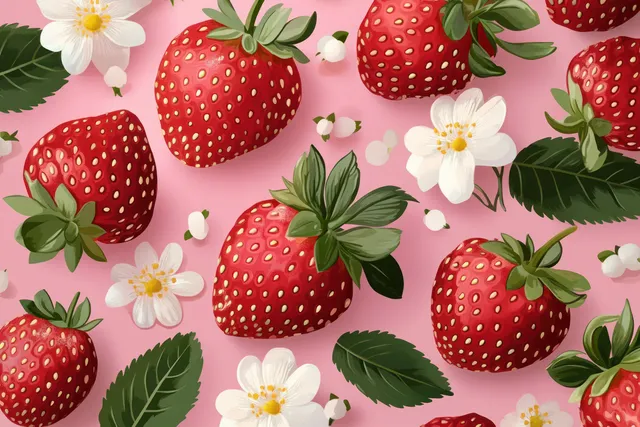 Red strawberries and white daisies with green leaves repeat across a soft pink seamless pattern background.