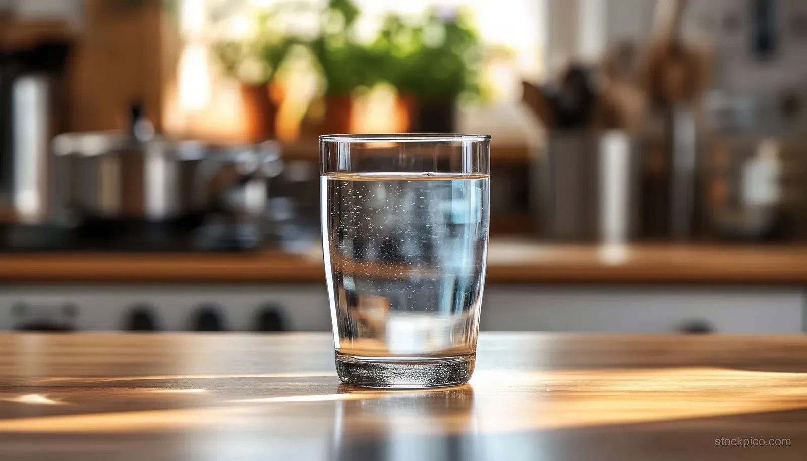 A clear glass of water with small bubbles on a wooden kitchen counter, with blurred utensils and plants behind it.