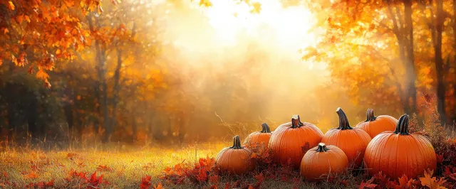 Orange pumpkins rest on grassy ground in an autumn sunset field with glowing trees behind them.