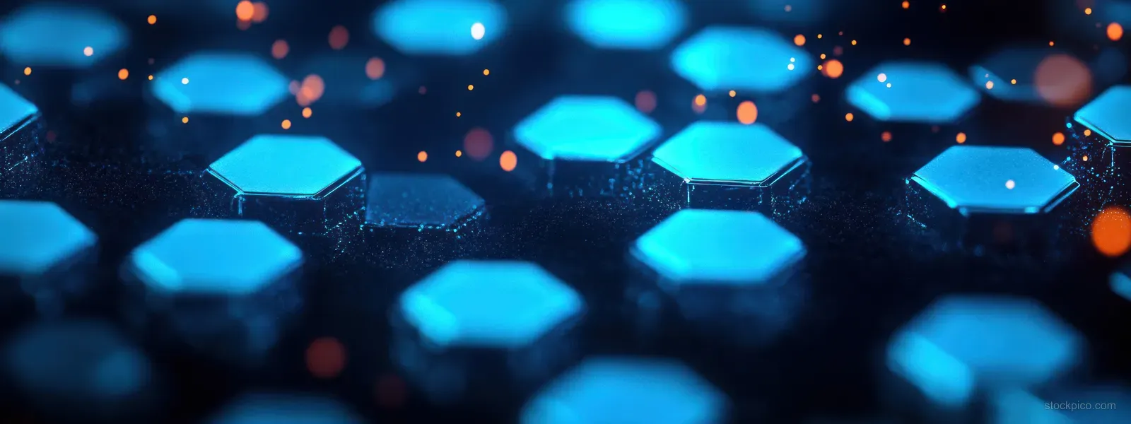 Blue glowing hexagonal tiles float on a dark futuristic background with neon bokeh highlights.