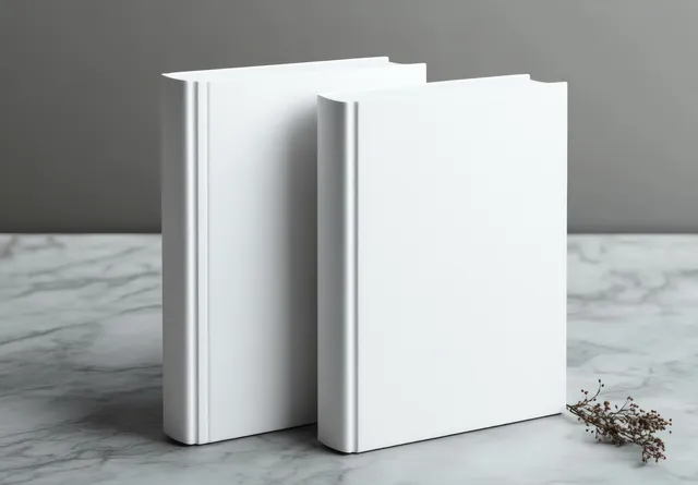 Minimalist white hardcover and open book mockup on soft gray surface