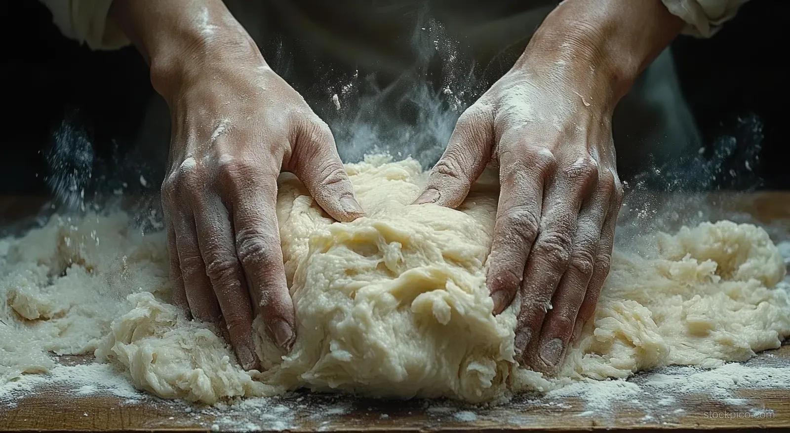 Hands knead dough on a floured countertop with flour dust in the air.