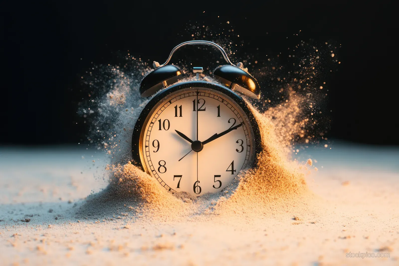 Golden alarm clock surrounded by scattered sand grains, symbolizing time running out and urgency.