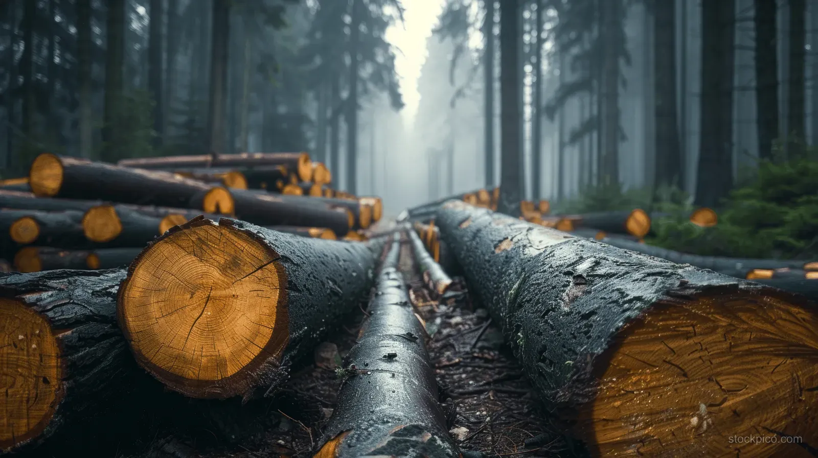 Cut logs are stacked on the forest floor in foggy light, showing tree rings and textured bark.