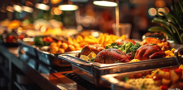 Close-up of a festive buffet table showing roasted chicken and vegetable salad in metal trays under warm chafing lights.