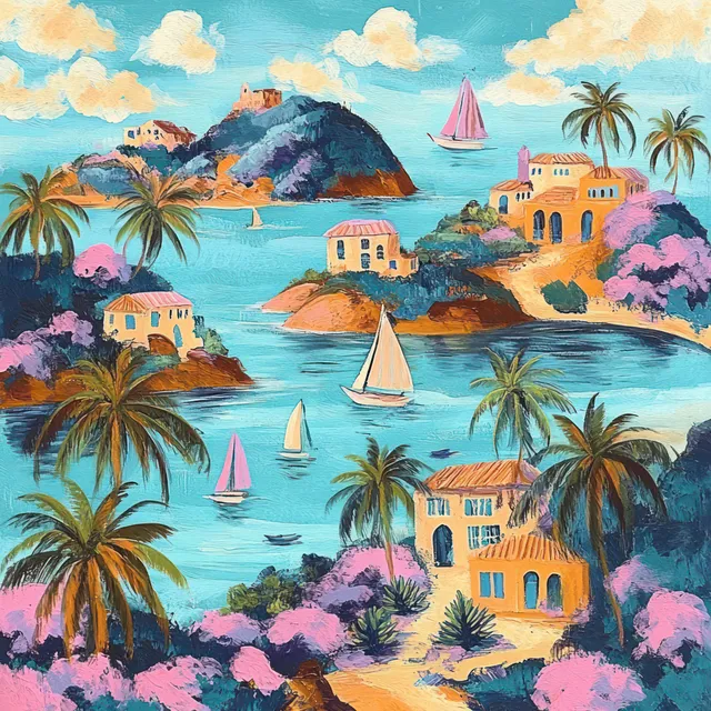 Tropical island coastline with palm trees, colorful houses, and sailboats on calm blue water beneath fluffy clouds.
