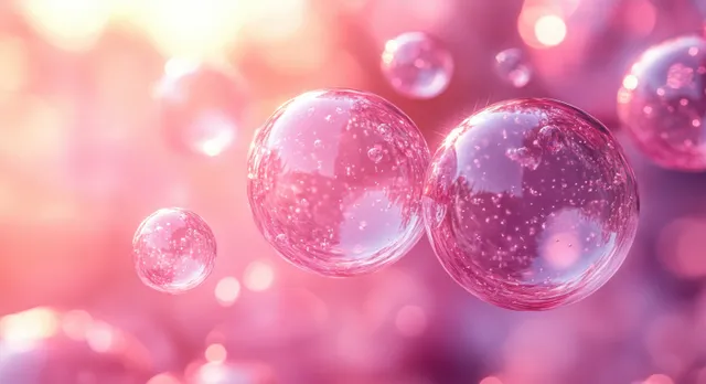 Pink glowing bubbles and small droplets float on a soft blurred science-themed background.