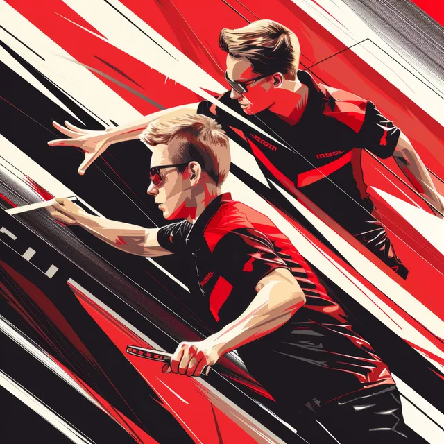 Two table tennis players in red and black uniforms swing their paddles with speed streak effects behind them.