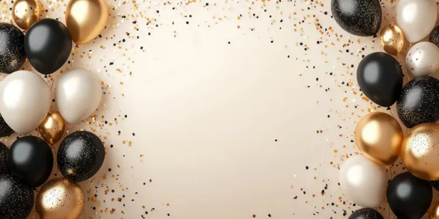 Black, white, and gold balloons frame a light background with gold and black confetti scattered around.