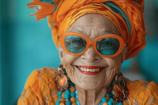 An elderly woman in a vibrant orange outfit laughs in a studio portrait wearing playful sunglasses against a turquoise background.