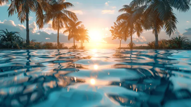 Sunset-lit tropical resort pool with palm silhouettes reflecting across calm ocean water