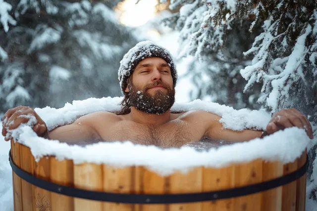 A bearded man relaxes in a wooden hot tub outdoors, eyes closed, surrounded by snowy trees.