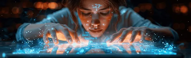 Businesswoman using a tablet hologram interface with glowing data graphs at office desk