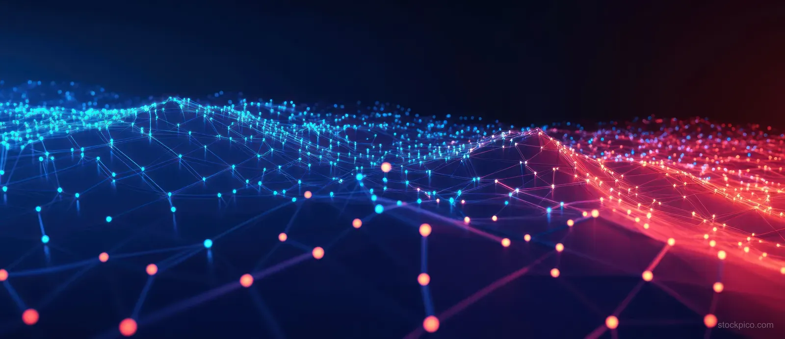 Blue and red glowing nodes connect with light lines across an abstract digital network landscape.