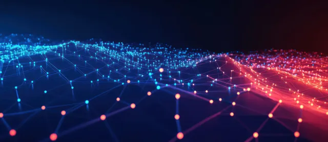 Glowing network nodes and connecting lines forming a blue-red digital landscape