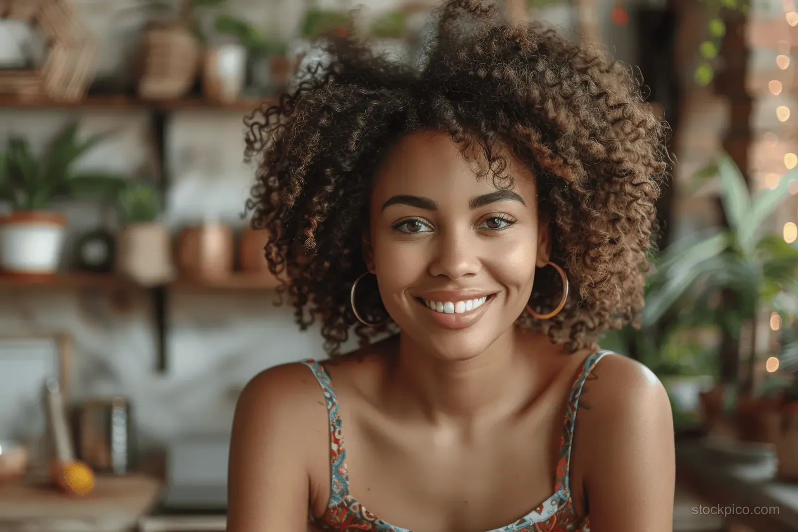 Smiling young woman with curly hair in a plant-filled indoor room with warm natural light.