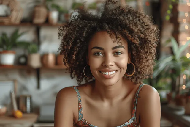 Smiling woman with curly hair sits indoors among lush plants under warm natural light