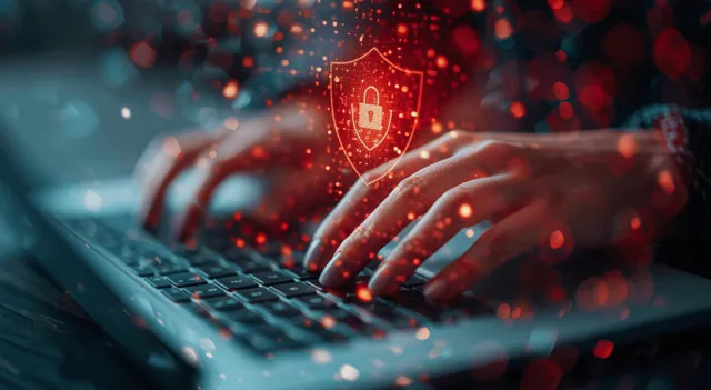 A woman types on a laptop as a glowing shield with padlock icon hovers above the screen for cyber protection.