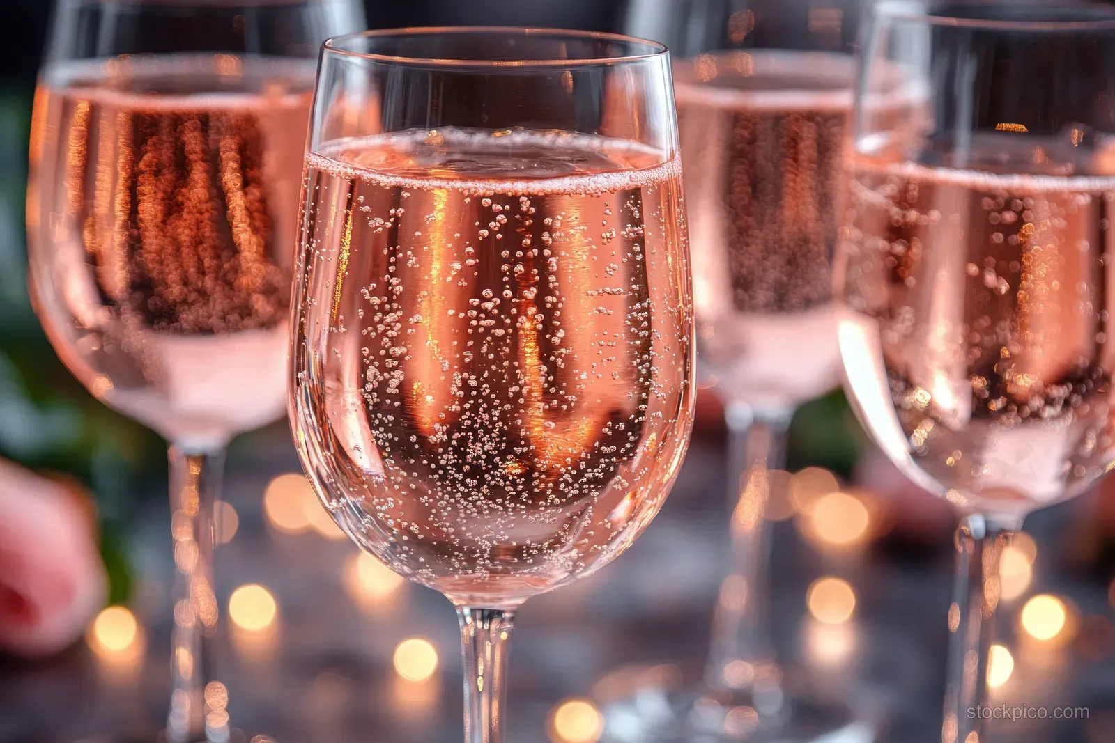 A filled rosé champagne flute with sparkling bubbles in a softly lit hotel event table setting.