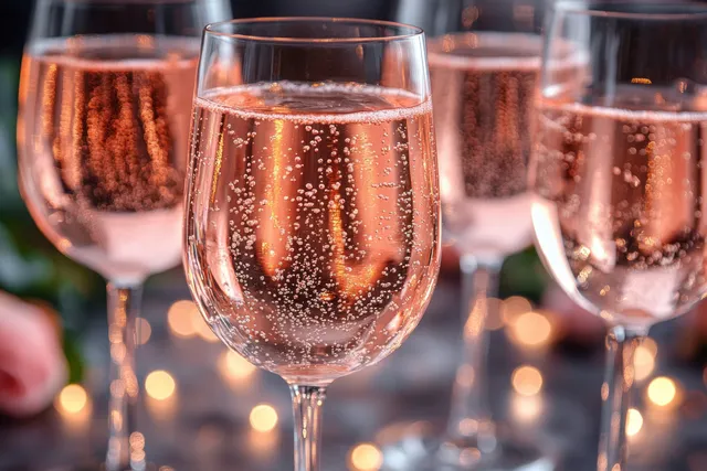 Champagne flute with rosé bubbles sparkling in soft hotel event table light