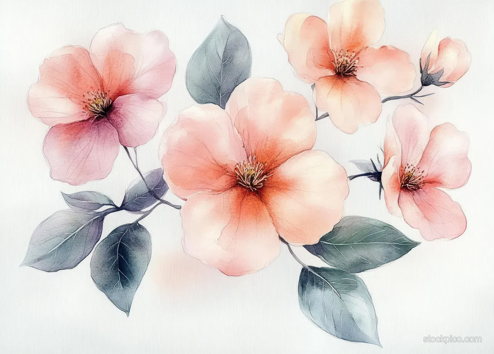 Pink watercolor flowers with gray-green leaves arranged in a floral still life on a white background.