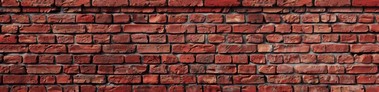 Wide red brick wall texture panorama with rough weathered mortar and mortar-darkened surface for text space.