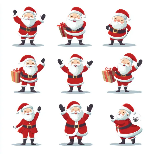 Nine cheerful Santa Claus cartoon characters in red suits and hats pose while holding wrapped gifts.