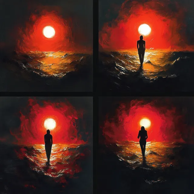 Four-panel image shows a lone silhouette walking toward a glowing sun above a fiery red-orange ocean.